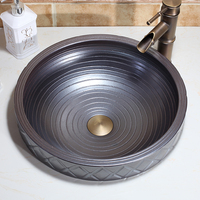 Fregadero de baño gris de estilo europeo, lavabo redondo de porcelana, cuencos de lavado de cerámica de mostrador único Vintage a la venta