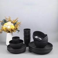 Ensemble de vaisselle en plastique écologique noir de 16 pièces, compatible micro-ondes et lave-vaisselle, couverts et ustensiles de camping et de voyage
