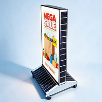 Boîte à lumière rectangulaire solaire à LED, autoportante, suspendue, avec roues mobiles, détection automatique crépuscule-aube, étanche IP65, certifiée CE pour usage extérieur en magasin