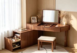 Solid Oak Makeup <b>Vanity</b> With Flip-Top <b>Mirror</b> And Storage Drawers For Bedroom Minimalist Design - Product Image 4