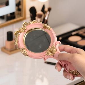 奢华欧洲便携式椭圆形压花玫瑰旅行公主金属化妆品手持化妆复古带手柄手镜 - Product Image 3
