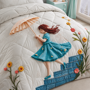 Juego de Ropa de Cama Infantil con Apliques de Niña con Sombrilla, Pompones y Flores, Edredón Blanco y Gris para Habitación Infantil - Product Image 1