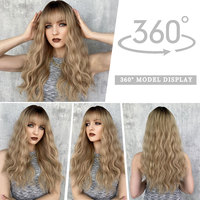 7JHH – perruque Blonde ombrée avec frange, cheveux synthétiques longs bouclés, cheveux naturels pour femmes, 26 pouces, utilisation quotidienne