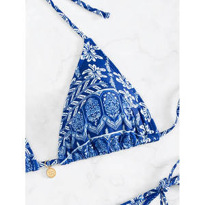 Conjunto de Bikini de 2 Piezas <span class=keywords><strong>para</strong></span> Mujer, Estilo Halter Triangular, Estampado Boho, con Lazos Laterales y Detalles Dorados, <span class=keywords><strong>para</strong></span> Vacaciones de Verano <span class=keywords><strong>en</strong></span> la Playa - Product Image 4