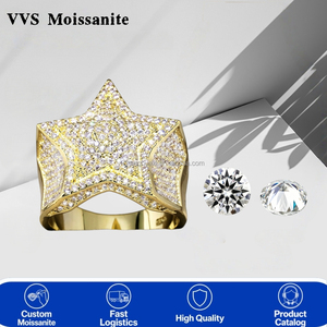 Anello Cubano Iced Out VVS Moissanite a Stella e Cuore in <span class=keywords><strong>Argento</strong></span> 925 Placcato Oro, Gioielli Raffinati Hip Hop all'Ingrosso per Uomo Donna, Regalo di Nozze - Product Image 1