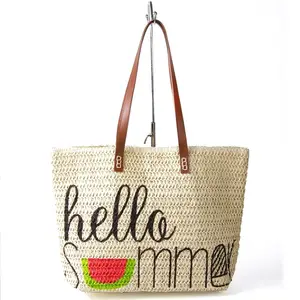 Wholesale High Quality Custom Eva Handbag Crochet Paper Straw Shopping Shoulder Bag Coconut Printed Promotional Tote Beach Bag