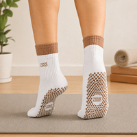 Chaussettes de yoga personnalisées à faible MOQ avec double bord côtelé, soutien de la voûte plantaire, imprimé jacquard, logo de marque, antidérapantes, en coton, pour studio