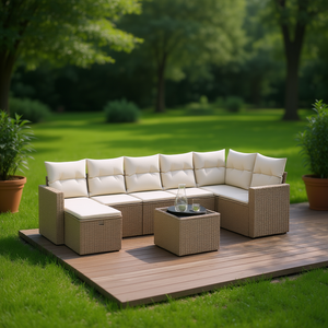 Conjunto de Sofás Modulares de Jardín en Poliratán Beige, Muebles de Exterior Cómodos con Cojines de Espuma de Alta Densidad, Diseño Moderno - Product Image 2
