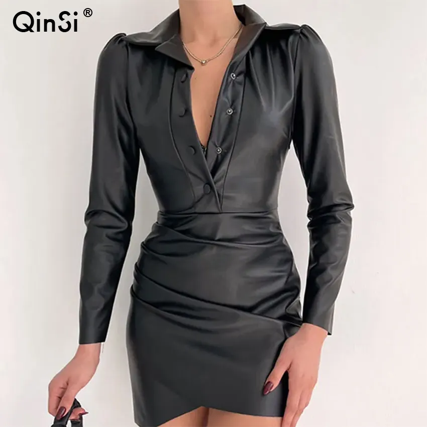 Bclout/QINSI Women 2023 Club Sexy Dress Turn Down Collar V-Neck Long Sleeve Bodycon Mini Clothes Pu Leather Button Y2K Dresses