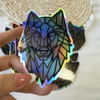 Autocollant d'étiquette découpé en matériau hologramme brillant à motif de tête de loup de style géométrique personnalisé