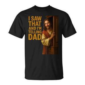 Camiseta religiosa negra para hombre talla grande con la frase: Jesus I Saw That I'm Telling Dad - Product Image 1