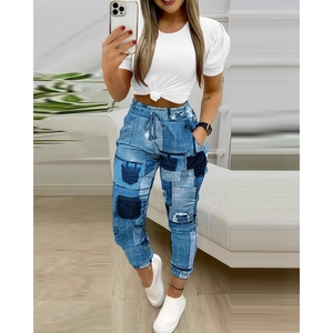 เสื้อยืดคอกลมแขนสั้นผู้หญิง กางเกงขายาว ชุดลำลองพิมพ์ลาย 2 ชิ้น แฟชั่น - Product Image 6