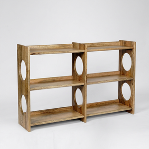 Solstice Double Cutout <b>Solid</b> <b>Wood</b> Bookshelf Wide Three Tier Open Shelving Unit with Round Carved Panels Modern Home Furniture - Product Image 1