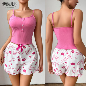 Women's loungewear with lip letter print <b>suspender</b> shorts, casual and sexy ribbed, can be worn as outerwear, European and - Product Image 1