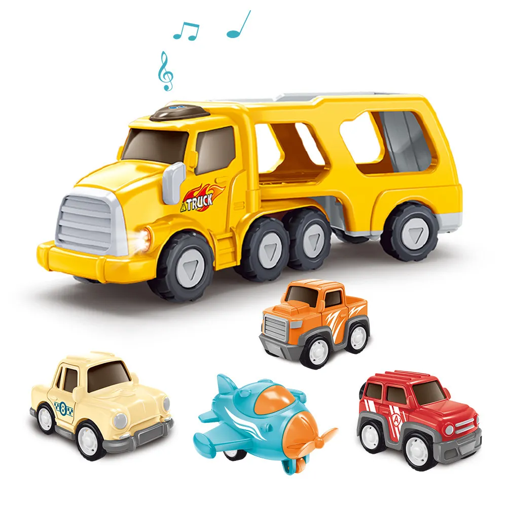 construction truck toys for 3+ year old boys, 4-in-1 friction power toy vehicle in carrier truck, toddler toys car