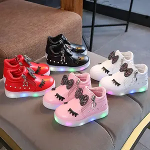 Sepatu Bayi Perempuan, Sepatu Anak Perempuan, Lampu Berlian Imitasi, Kartun, Pita, LED, Bercahaya, Bawah Lembut