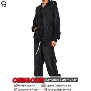 Ensemble de survêtement unisexe ample avec sweat à capuche et pantalon de jogging, tendance pour <span class=keywords><strong>homme</strong></span>, fermeture éclair intégrale, <span class=keywords><strong>tenue</strong></span> décontractée en deux pièces, survêtement oversize, style vintage, sweat-shirt délavé - Product Image 3