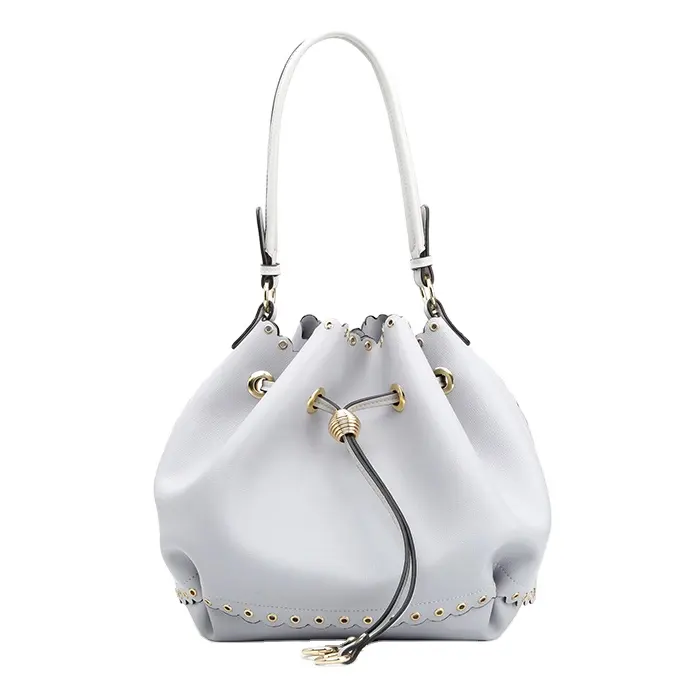 8803 Paparazzi white color fake leather drawstring bag with eyelet latest simple elegant ladies shoulder bags