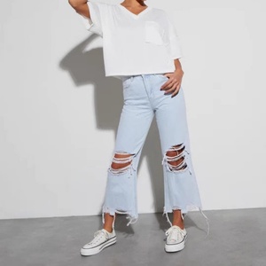 Özelleştirilmiş sıcak satış yıkanmış kot kadın yeni moda yüksek bel kadınlar için gevşek düz delik bacak pantolon kot yırtık - Product Image 4