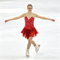 Robe de patinage et de danse rouge dégradé pour enfants et adultes, col rond, manches longues en maille, dos orné de strass, pour compétition et spectacle de patinage sur glace