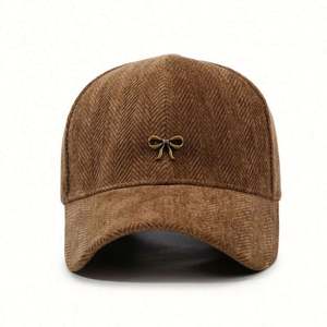 Casquette de baseball structurée élégante à motif pied-de-poule pour femme, chapeau de sport chaud et tendance avec nœud pour l'hiver - Product Image 3