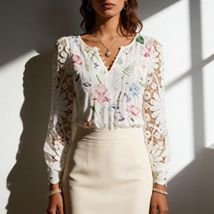 Blusa de Manga Larga con Estampado Floral y Encaje para Mujer, Personalizable - Elegante Camisa Casual de Malla Transparente con Cuello en V para Primavera/Verano - Product Image 5