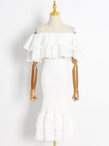 Trajes casuales de dos piezas de un hombro para mujer blanca con cuello cuadrado Método tejido de cintura natural para la temporada de verano al por mayor - Product Image 5