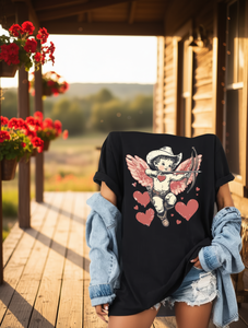 T-shirt da donna Cowboy Cupid per San Valentino, vestibilità ampia, girocollo, manica corta, stile western, stampa, 100% cotone - Product Image 2