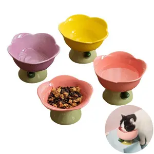 Cute Ceramic Cat Bowl Non-slip Flower Shape New High Foot Dogs Puppy Feeder Food Water Elevated Raised Dish Pet Suppliers