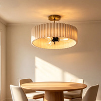Plafonnier Rétro Doré Beige à 3 Lumières avec Abat-jour Circulaire en Tissu Plissé pour Décoration Intérieure