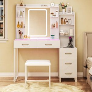 Table de toilette au design moderne, meuble de salon, table de maquillage avec miroir LED, table de toilette avec tiroir de rangement - Product Image 3