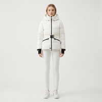 Veste d'hiver rembourrée en duvet pour femme, blanche, à capuche, avec ceinture, fermeture éclair noire