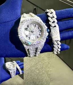 Montre chronographe ronde en moissanite VVS glacée, boîtier en acier inoxydable, verre, résistance à l'eau 10 bars, bracelet avec fermoir - Product Image 1