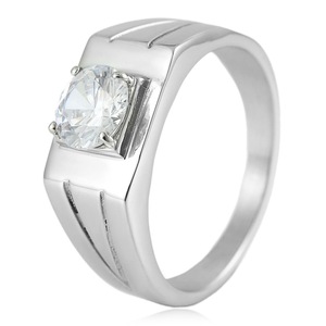 yunnique Men's Stainless Steel Diamond <b>Ring</b> Silver Geometric Prong Setting Wedding Band Fashion Jewelry - Product Image 1
