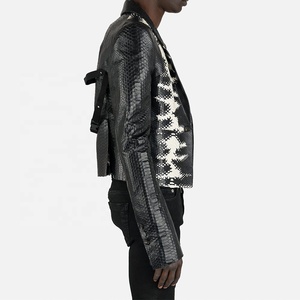 เสื้อโค้ทหนังงูหลามสีดำสำหรับผู้ชายแจ็คเก็ตหนังแท้ลายนูนพิมพ์งูสไตล์ใหม่ - Product Image 4