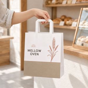 Sacs en papier blancs de luxe personnalisés avec logo et poignées plates pour boulangerie, emballage alimentaire, vente au détail, sacs de courses à emporter, vente en gros OEM - Product Image 4