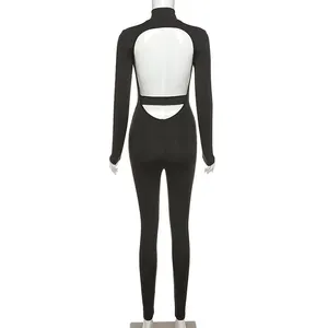 2024 High Quality Backless White Jumpsuit Sexy Womens 1 Piece Long Sleeve Bodycon Black Jumpsuits Women