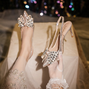 Женские летние и осенние свадебные босоножки из кожи с кристаллами и открытым носком, с круглым носком, ремешком на щиколотке - Product Image 2