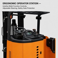 Chariot élévateur électrique VNA 3 voies de 1,5 tonne, tête de fourche rotative à 180°, hauteur de levage de 6 m, batterie lithium-ion, pneus en polyuréthane, type stand-on