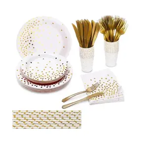 Christmas Dinnerware Golden Silver Disposable Flatware Plate Cups Knife Spoon Fork and Paper Straws Set for Events Restaurant
