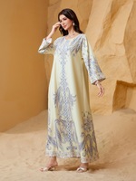 Abaya Kaftan à manches longues et col rond, ornée de perles et de strass, vêtements islamiques grande taille, bleu clair et jaune, vente en gros, sur mesure