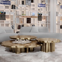 Ensemble de table basse de salon de style moderne : en laiton, design inspiré des tranches d'arbre avec des couches superposées