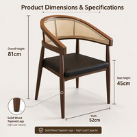 Chaise de salle à manger en rotin, fauteuil en bois avec dossier en cannage, assise rembourrée noire, pieds coniques pour salle à manger, restaurant, café
