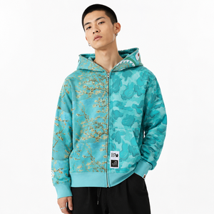 Felpa con Zip OEM Ricamata con Motivo Squalo, Stampa in Cotone con Motivo Mimetico e Lettere, Felpa Oversize con Zip Integrale Stile Streetwear - Product Image 3