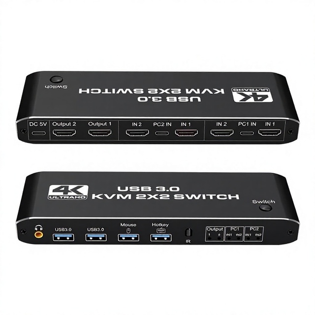 Hardrock KVM Dual-screen Switch 2-in-2-out Extension-Mirroring 4K 60Hz Ultra-Clear 35mm Headphone Jack Metal FCC CE Black 1-Year
