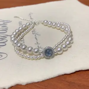 Natural freshwater pearl beaded bracelet Fashion aquamarine Charm 925 Silver Bracelet French Elegant Jewelry For Women Boho