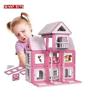 新创意益智玩具 71pcs磁瓦积木粉红别墅磁块玩具为孩子