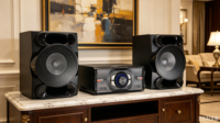 Système Hi-Fi portable 2.0 avec haut-parleurs en bois bleu, puissance de sortie élevée, idéal pour les soirées et le home cinéma – Meilleure vente