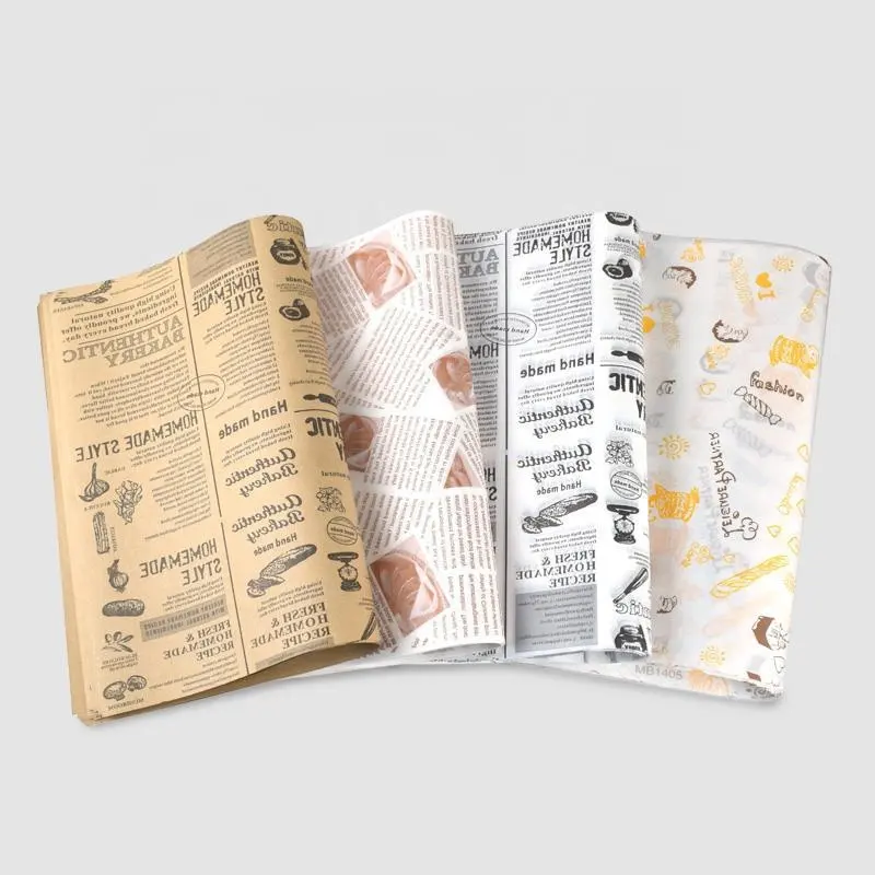 Papel de embrulho de hambúrguer reciclado de qualidade alimentar personalizado, papel de embrulho à prova de gordura para pizza, chips, sushi e sanduíche