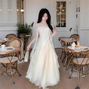 Vestido Midi Estilo Francés con Cuello Cuadrado y Lazo, Cintura Imperio, Casual para Uso Diario - Product Image 3